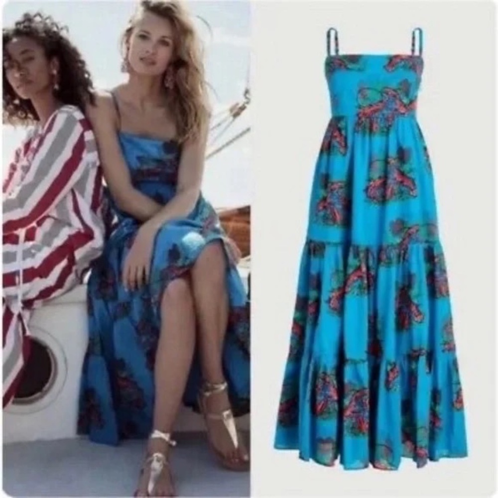J.Crew Tiered Smocked maxi sun dress in lobster print Teal Red 6